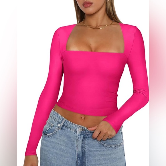 REORIA Women's Sexy Square Neck Long Sleeve Y2K Going Out T Shirt Crop Top - Picture 1 of 8
